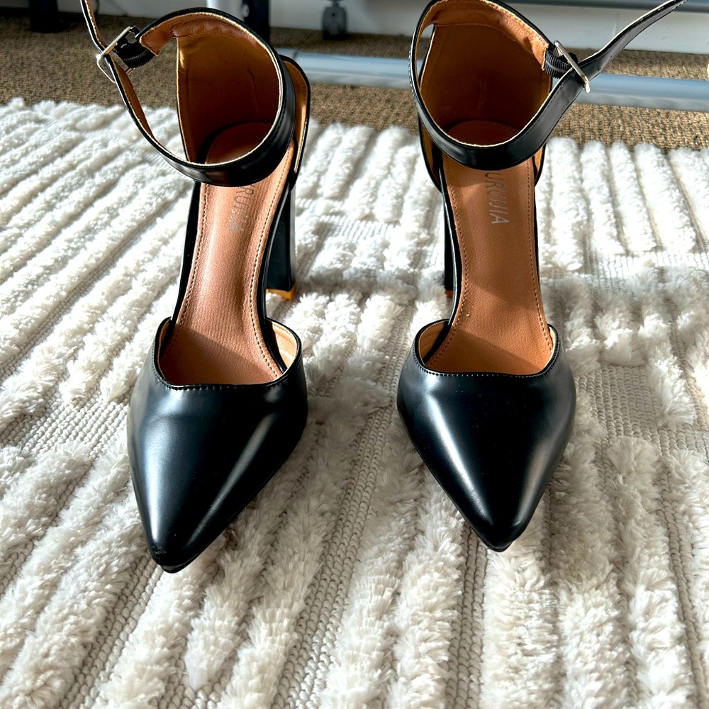 Black ankle strap block heel